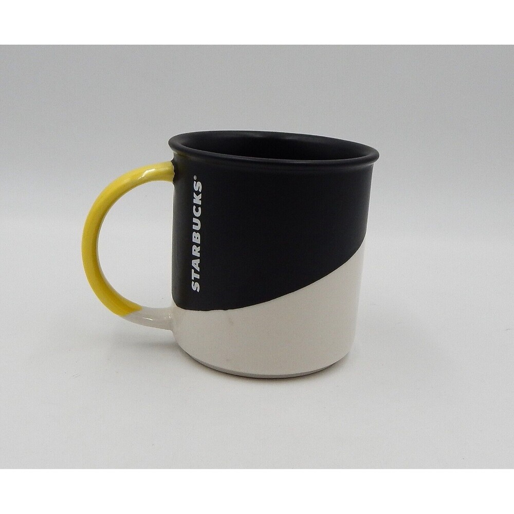 Starbucks Matte Black White Coffee Tea Mug Angle Dipped Glaze Yellow Handle 2017